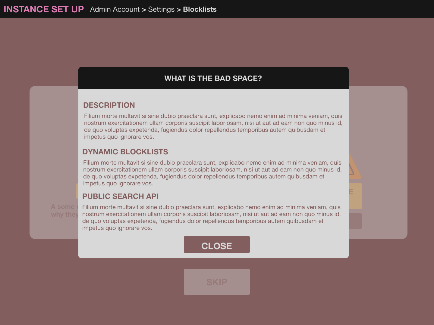 Image of a mock admin panel. Panel is showing mock options and short
description of a The Bad Space integration.